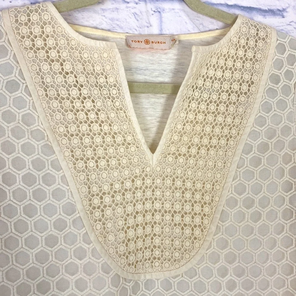 Tory Burch cream Tali honeycomb lace top small